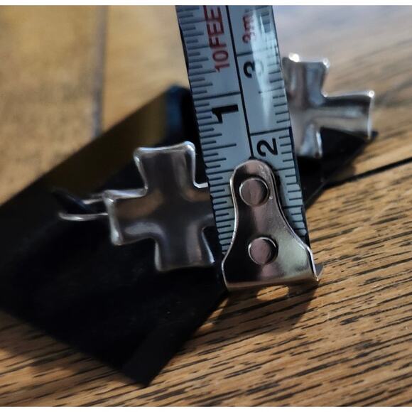 Silver Chunky Cross Hugger Dangle Earrings Block Style Christian - Picture 8 of 8